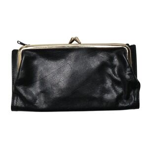 VTG GANI Black Leather Clutch Wallet Kiss Lock Zip Pocket Coin Purse Womens